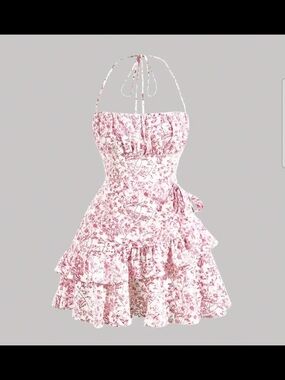 Floral Halter Ruffle Kids Dress in Pink
